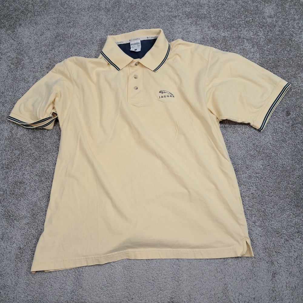 Columbia Mens Jaguar Logo Polo Shirt Yellow Cotton Short Sleeve Size L 7780
